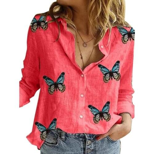 Summer T-Shirt Women Casual Long Sleeve Butterflies Print Single-breasted Office T-Shirt Casual Women clothes футболка 2021