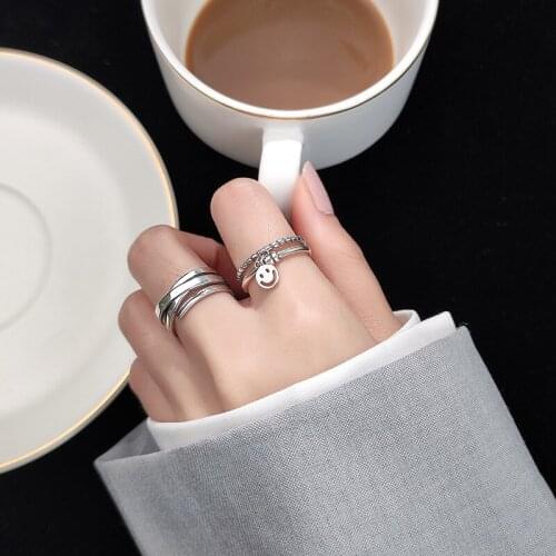Fine 925 silver jewelry charm rings for women smile face shape ring double twist adjustable opening size party finger accessory