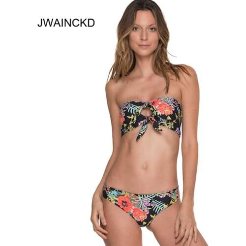JWAINCKD Bikini Push Up 2019 Mujer Plant Print Bikinis Set Swimwear Women Swimsuit Front Knotted Hollow Biquini Suit Beach Wear