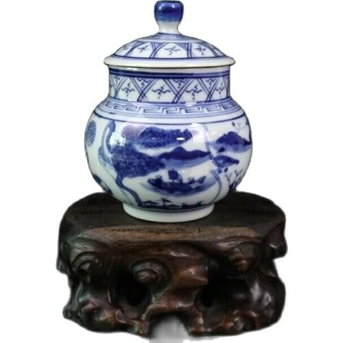 Chinese old porcelain Blue and white landscape water pattern lid jar Receiving Tank