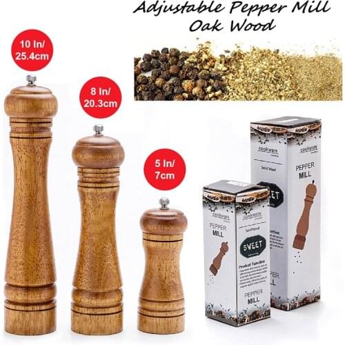 Pepper Mills Solid Oak Wood Pepper Spice Grinder Ceramic Adjustable Coarseness Grinder 5 In 8 In 10 In Kinchen Tools