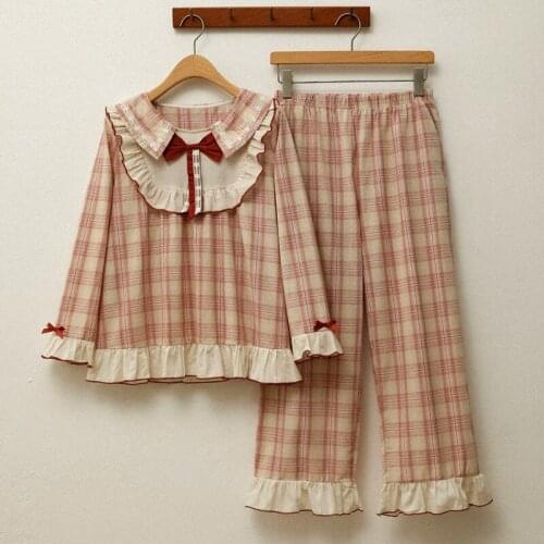 Korean New Pajamas Women Autumn Winter Ladies Palace Sweet Long-Sleeved Sleepwear Set Home Service Plaid Pyjamas Suits With Bow
