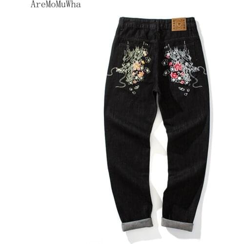 2020 Autumn and Winter New Chinese Style Retro Dragon Embroidery Casual Black Straight Jeans Loose Trousers Mens Black Jeans