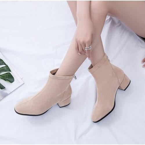 YQBTDL 2020 New Arrival Chunky Heels Sock Women Boots Winter Back Ring Zipper Beige Black Suede Ankle Boots Elegant Ladies Shoes