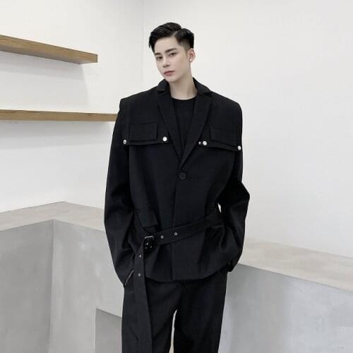 New Arrival Men Blazer Jacket Belt Shawl Black Suit Coat One Button Fashion Loose Outfit Cool Streetwear veste