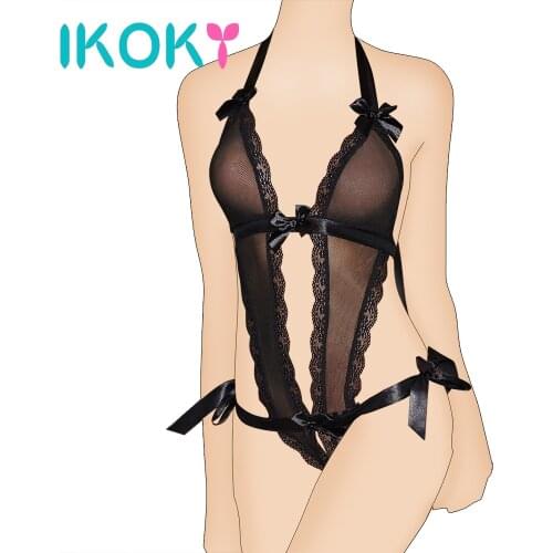 IKOKY Women Sexy Lingerie Lace V-Neck Onesies Open Crotch Costumes Erotic Underwear Sleepwear Couples Adults Products Free Size