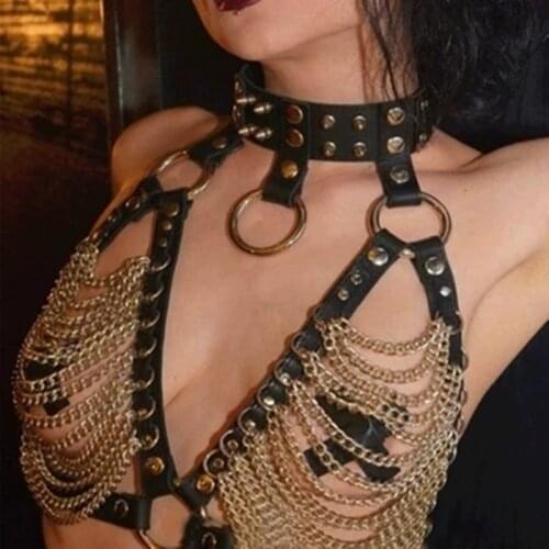 Body Goth Leather Body Harness Chain Bra Top Chest Waist Belt Witch Gothic Punk Fashion Metal Girl Festival Jewelry Accessories
