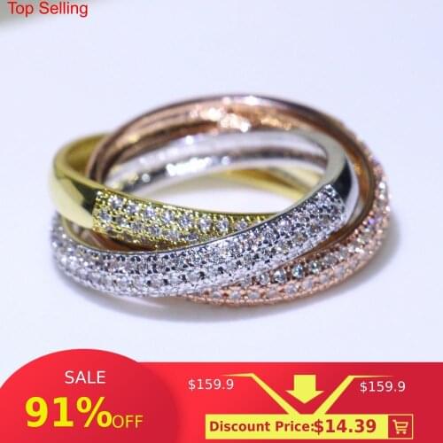 Triple Circles Gold/Rose Gold/Silver Ring Three Colors Luxury Jewelry 925 Silver Pave CZ Ring Women Wedding Finger Rings Gift
