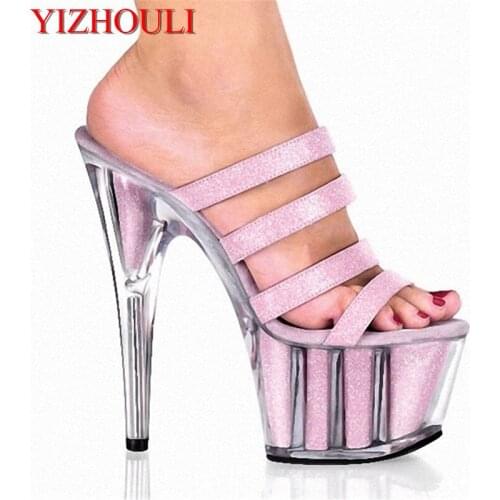 15cm High Heel Shoes Cutout Platform Shoe Rhinestone Color Block Sexy Sandals Transparent 6 Inch Crystal Shoes