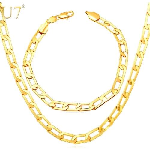 U7 Gold/Silver/Rose Gold Color Link Chain Jewelry Sets Fashion Trendy Bracelet Necklace Set For Men Wholesale S850