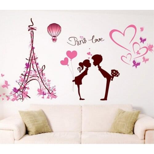 Home Decoration Stickers Romantic Pink Letter Paris Love Heart Couple Tower Wall Sticker Living Room Bedroom Wall Decals Murals