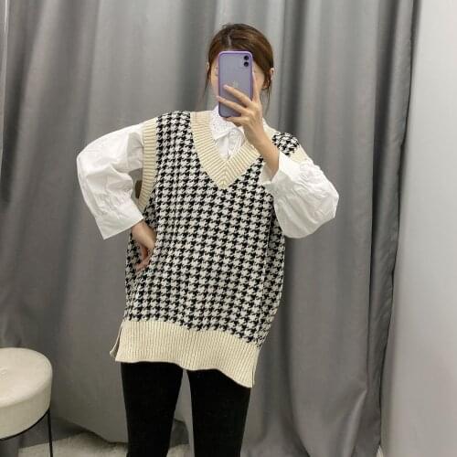 Knitted Vest Sweater For Women V Neck Sleeveless Side Vents Loose Houndstooth Art Female Waistcoat Chic Tops