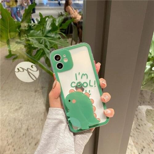Cartoon Little Dinosaur Lens Protection TPU Phone Case for IPhone 12Pro Max 11 7 8 Plus X XR XS MAX Couple Cover with Bracket