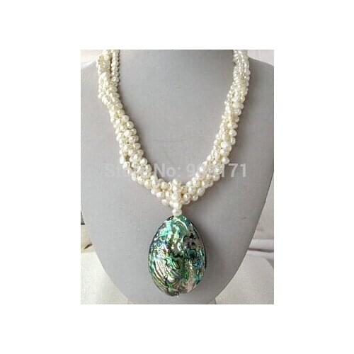 4 ROW White Nugget Baroque Pearl Necklace Abalone Pendant 18"