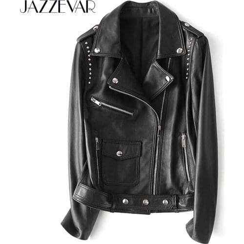 JAZZEVAR 2021 New High Fashion Street Women Real Sheep Skin Leather Jacket Black Rivet Genuine Leather short Motorcycle Jackets