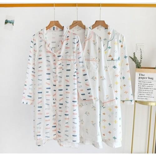 Women Summer Pajamas Skirt Pure Cotton Gauze Long Sleeved Ladies Night Skirt Large Size Comfy Soft Knee -length Home Sleep Skirt