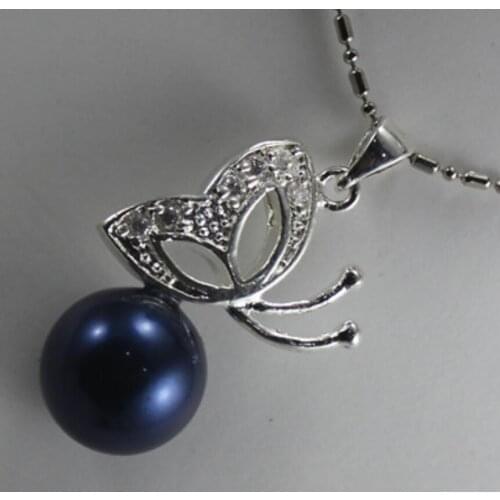 Womens fashion metal silver plated butterfly Accessories + dark blue shell pearl Pendant Necklace