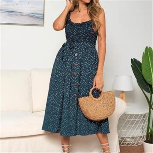 2021 New Fashion Hot Women Summer Sleeveless Polka Dot Beach Dress Ladies Stretch Holiday Sling Polka Dot Breasted Dress