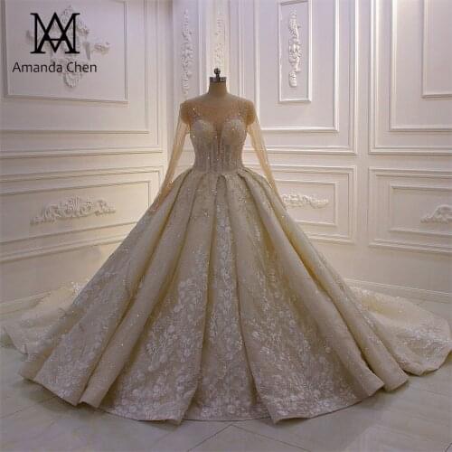 Vestidos de novia 2020 Lace Appliques Full Sleeves Beading Champagne Wedding Dress