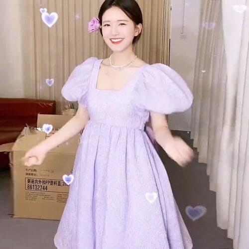 Bella new Women Purple Princess Dress 2021 Summer New French Sweet Fairy V-neck Waist Puff Sleeve Party Dress Female Vestidos