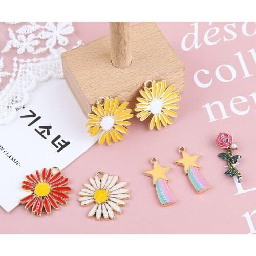 10pcs Korean Style Cute Earrings Alloy Daisy Flower Pendant Rose Rainbow Pentagram Statement Earrings For Woman Diy Accessories