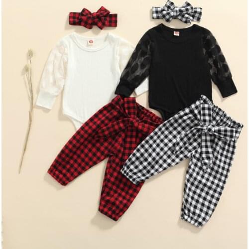 2021 Baby Girl Christmas Suit Fresh Solid Color Long Sleeve Romper Plaid Long Pants with Headband Xmas Clothing Costume