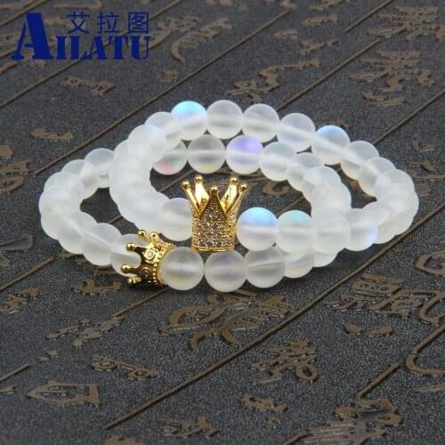 8mm Flash Glass Beads Copper CZ Crown Charm Couples Set Bracelets Unisex Classic Tension Jewelry & Bangles Drop Shipping