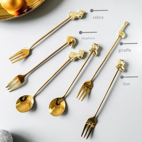 8Pcs/Set Stainless Steel Golden Cutlery Set Dinnerware Set Tableware Fork Spoon Christmas Gift Animals Spoon Fork Set-ABUX
