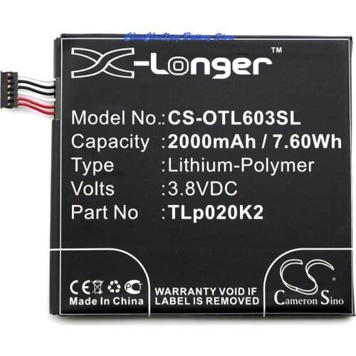 Cameron Sino 2000mAh Battery TLp020K2 for Alcatel One Touch Idol 3 4.7, OT-6039, 6039H, 6039J, 6039K, 6039S, 6039Y