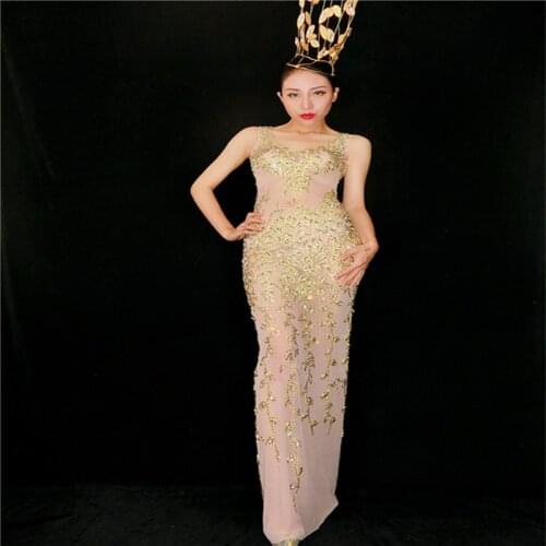 K83 Gold long dresses singer performance evening dress ballroom stage costumes catwalk show skirt perspective clothe dj outfits