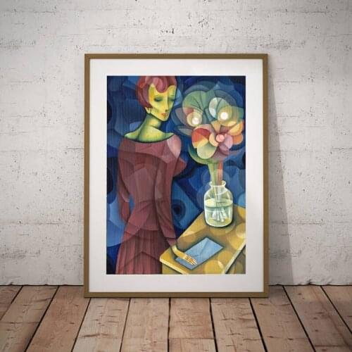 Abstract Woman With Flower Vase Oil Painting Canvas Prints , Cubism Canvas Painting Gallery Picture Modern Wall Decor