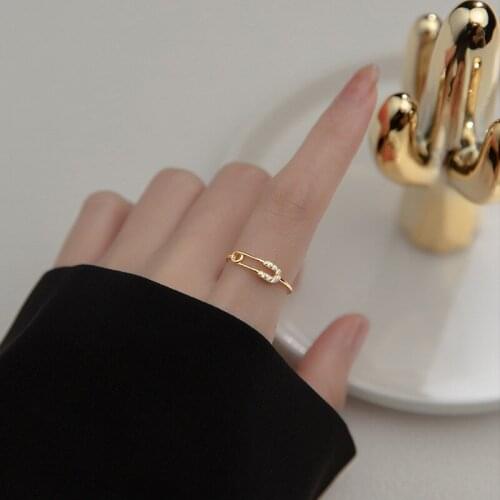 Real 925 Sterling Silver Rings for Women Teen Girls Crystal Safety Pin Adjustable Finger Ring Aesthetic Fashion Jewelry