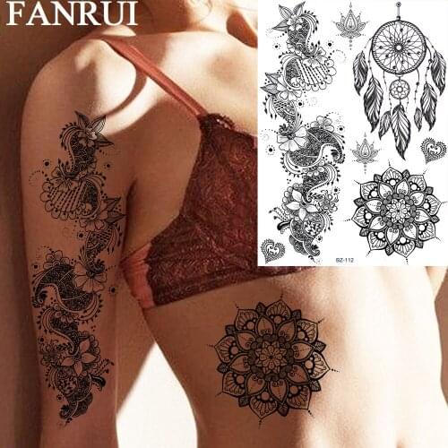 FANRUI Dream Catcher Rattan Feather Temporary Tattoos Sticker Black Henna Tatoos For Women Sexy Body Art Waist Custom Tattoo