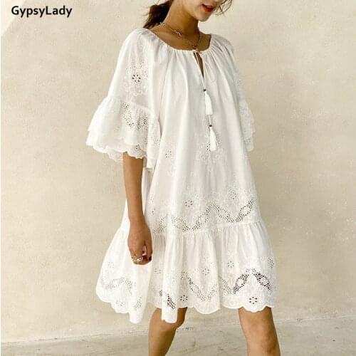 GypsyLady Floral Embroidery Mini Dress White Loose Casual Chic Holiday Women Dress Tassels Hollow Out Sheer Beach Ladies Dresses