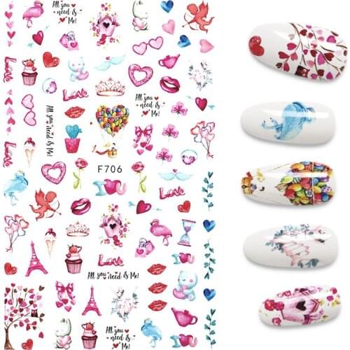 Valentine Nail Stickers Manicure Love Heart English Words Rose Couple Nail Art Decoration Designer Stickers for Nails
