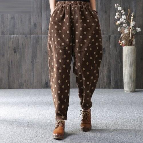 Autumn New Arrival Women Elastic Waist Dot print Corduroy Harem Pants all-matched Casual Loose Pants Plus Size Trousers D466