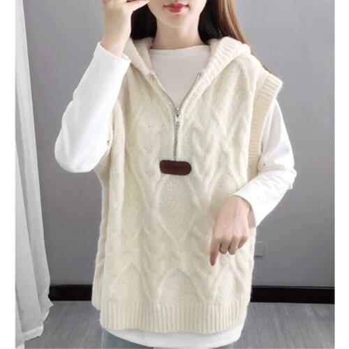 2021 Autumn Winter Hooded Womens Vest Knitted With Leisure Girls' College Students' Fashionable Vest Sweater Beige