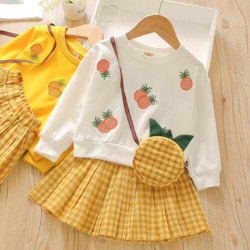 Girls' Autumn Suit New Pineapple Sweater with Skirt Plus Free Matching Bag 3 Pieces Girls Fashion Suit 2-6 Years Old Girl Set