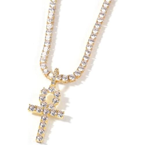 Uwin Ankh Pendant Bling Iced Out Cubic Zircon Key Of Life Pendant with 4mm Zinc Alloy Tennis Chain 001