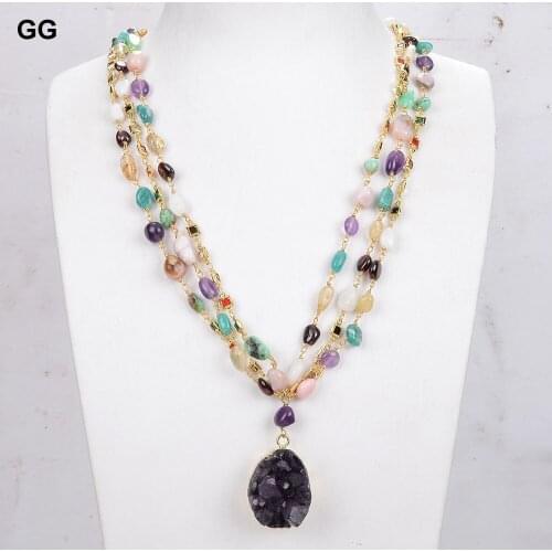 GuaiGuai Jewelry Natural Multi Semiprecious Gemstone Rosary Chain Necklace Amethyst Druzy Pendant