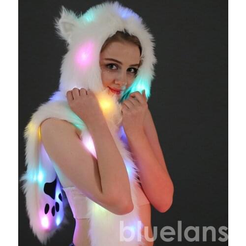 Women LED Light Up Faux Fur Animal Ears Hood Hat with Scarf Festival Supply