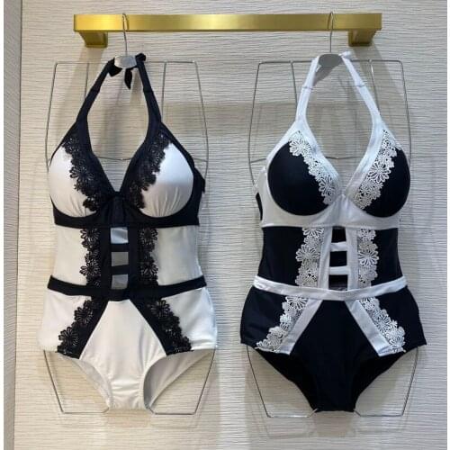 Women Summer Beach lace patchwork Bodysuits white black color block Sexy backless halter Rompers swimsuit one-piece suit y415