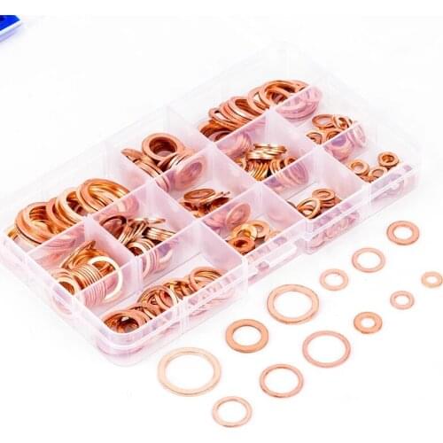 280pcs/box Copper Washers Flat Ring Sump Plug Oil Seal Assorted Set Professional M5-M14 Car Accessories Kit Copper Ring Gasket