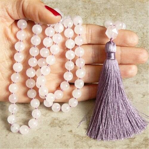 8mm Rose Quartz 108 Beads Gemstone Tassel Mala Necklace Retro Buddhism Mala Spirituality Yoga Chakra Tibetan