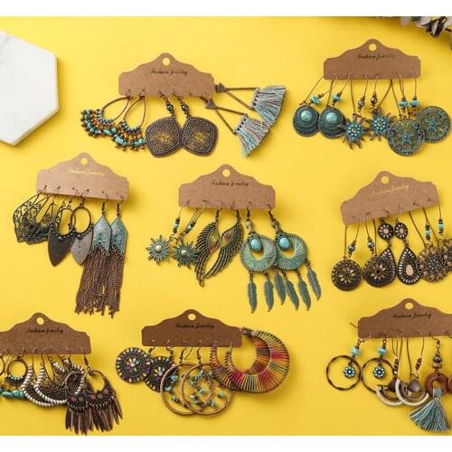 Bohemia Long Hanging Danging Earrings Sets Big Round Circle Leaf Geometric Drop Earrings Sets for Women Metal Tassel Earring Set