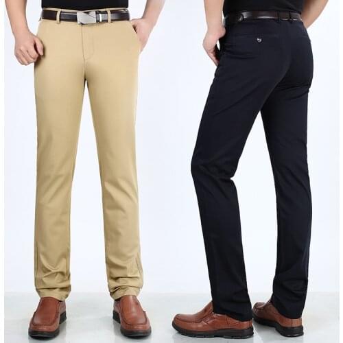 Spring Summer Thin Men Business Casual Pants Ice Silk Cotton Leisure Straight Slim High stretch pants middle-aged mens trousers