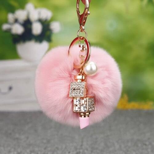 Cute Rabbit Fur PomPom Diy Keychain Ideas Lipstick Rhinestone Keyring Holde Women Bag Charm Pendant Porte Clef Online Sale