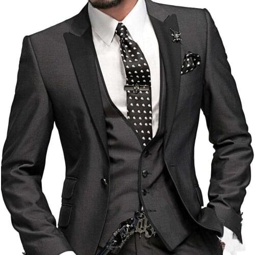 Custom Made One Button Charcoal Grey Groom Tuxedos Peak Black Lapel Groomsmen Men Wedding Suits Bridegroom Jacket+Pants+Tie+Vest