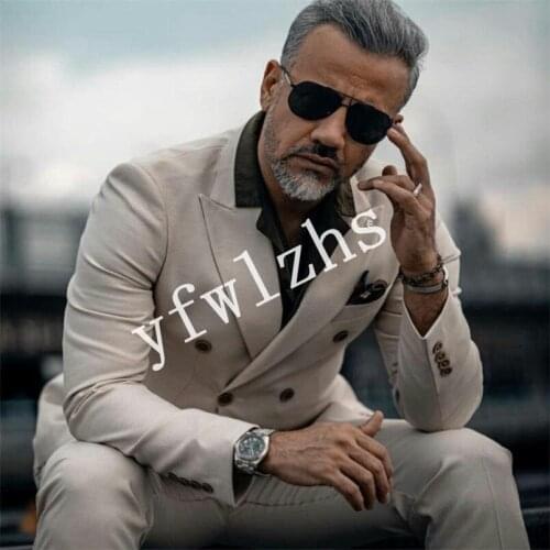 Handsome Double-Breasted Groomsmen Peak Lapel Groom Tuxedos Mens Wedding Dress Man Blazer Prom Dinner (Jacket+Pants+Tie) A225