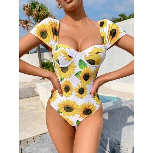 Print Frill Trim Ruffled Sexy One Piece Swimsuit Women Swimwear Female Push Up Bather Bathing Suit Swim Wear Monokini